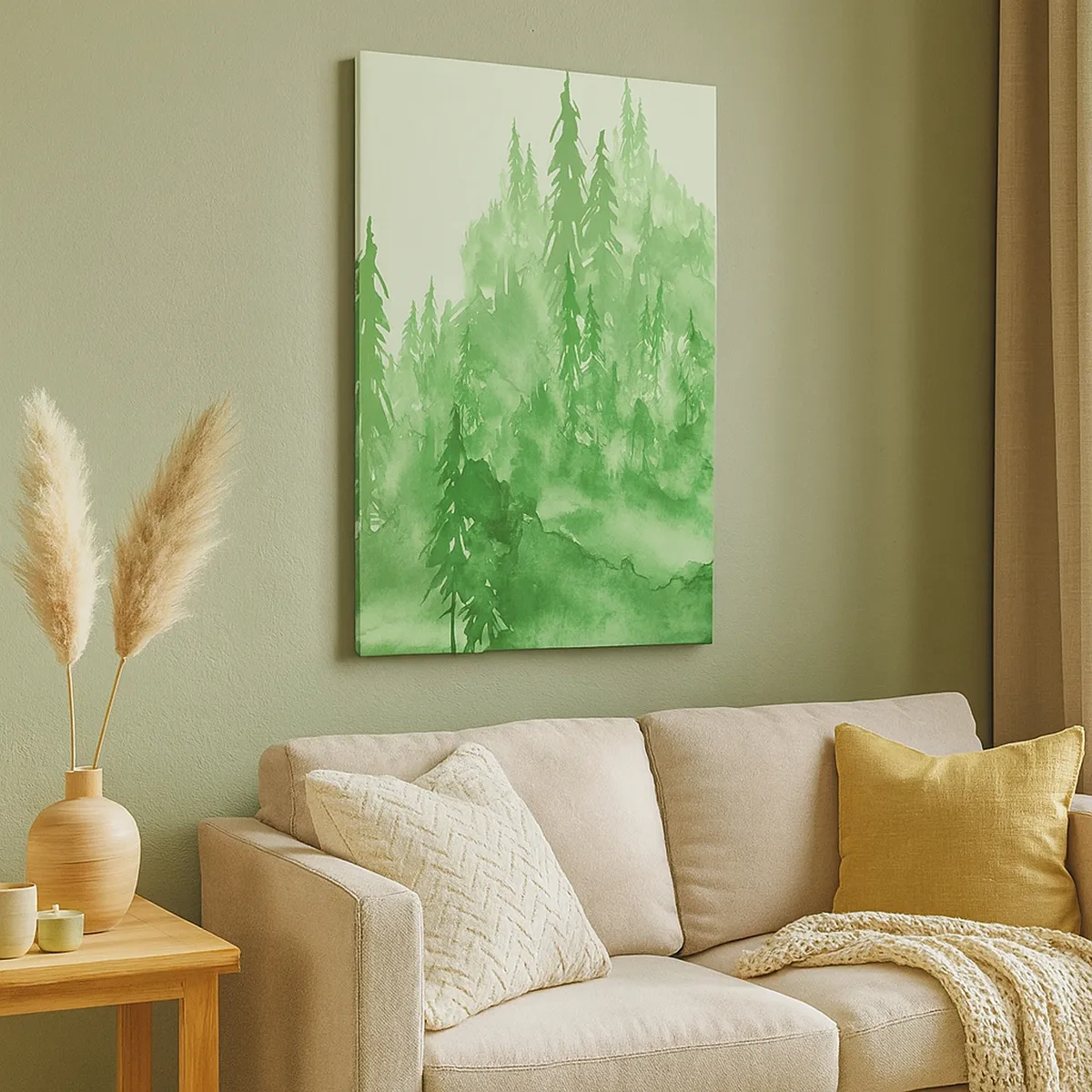 Impression sur toile - Image sur toile - Forêt verte dans un style aquarelle sur un fond clair - 50x70cm - Flou de brouillard vert - Décoration murale moderne pour le salon et la chambre ARTTOR